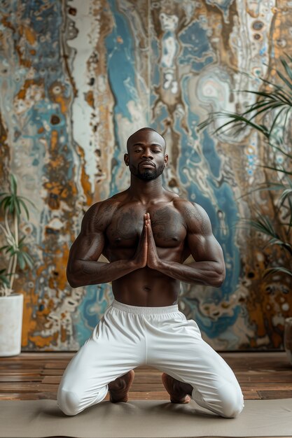 Full shot black man practising yoga