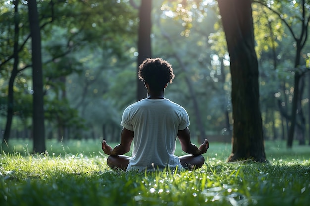 Foto gratuita un uomo nero che pratica lo yoga.