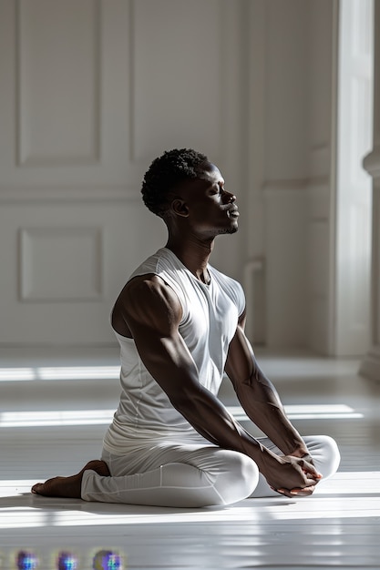 Free photo full shot black man practising yoga