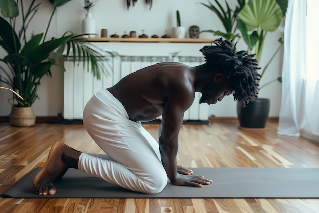 Full shot black man practising yoga