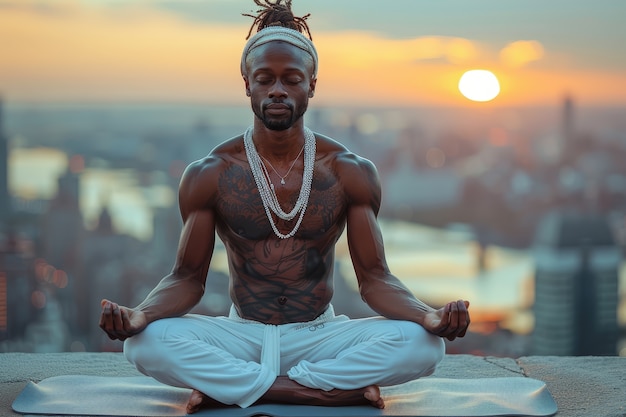 Foto gratuita un uomo nero che pratica lo yoga.