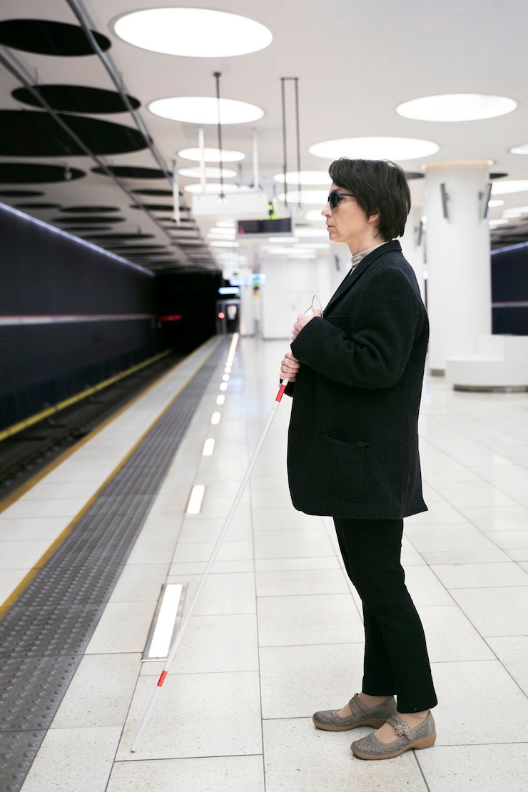 Free Photo full shot blind woman with white cane at subway