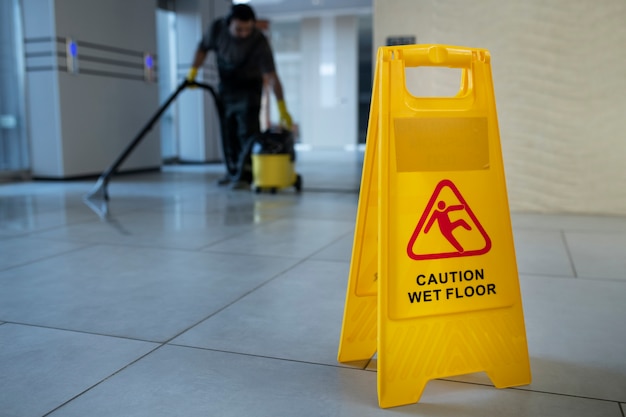 Full shot blurry man vacuuming floor