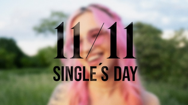 Full shot blurry smiley woman single's day banner