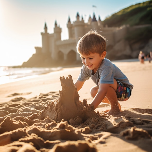 Полный снимок мальчика, играющего на пляже