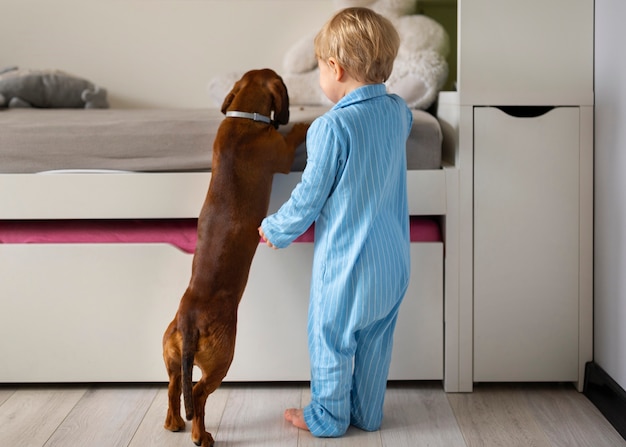 Full shot boy playing with dog