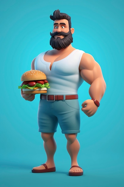 Full shot cartoonish man with burger