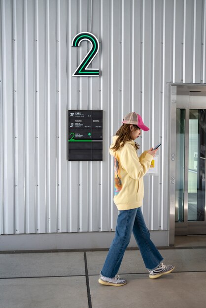 Full shot cool woman walking with trucker hat