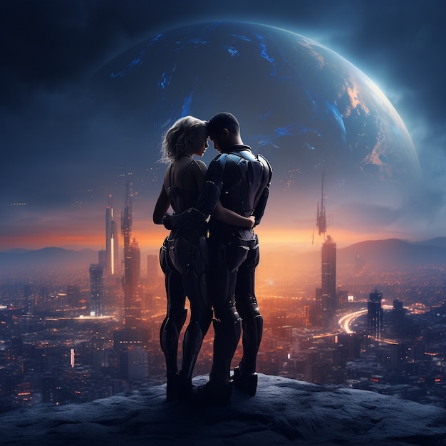 Free photo full shot couple hugging fantasy world