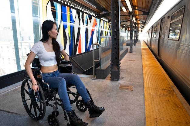 電車で旅行中のフルショット障害者女性