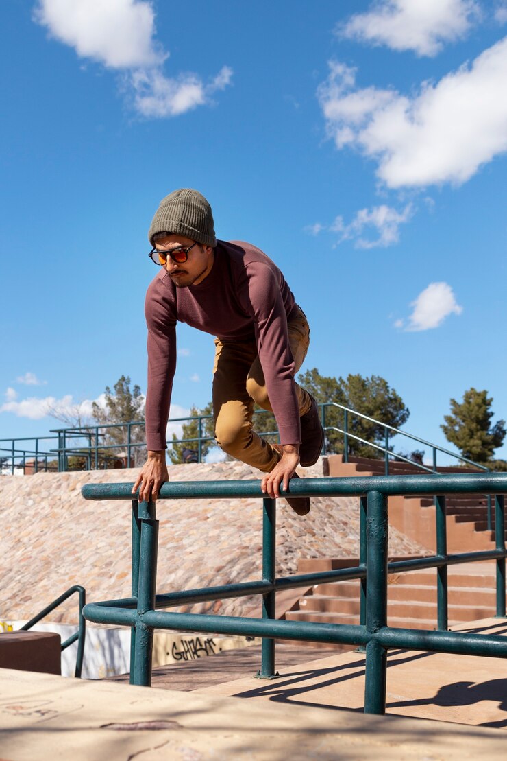 Free Photo full shot fit man jumping outdoors