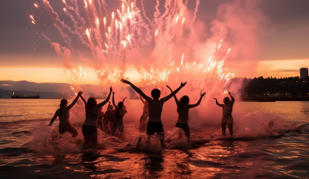 新年を祝う友達のフルショット