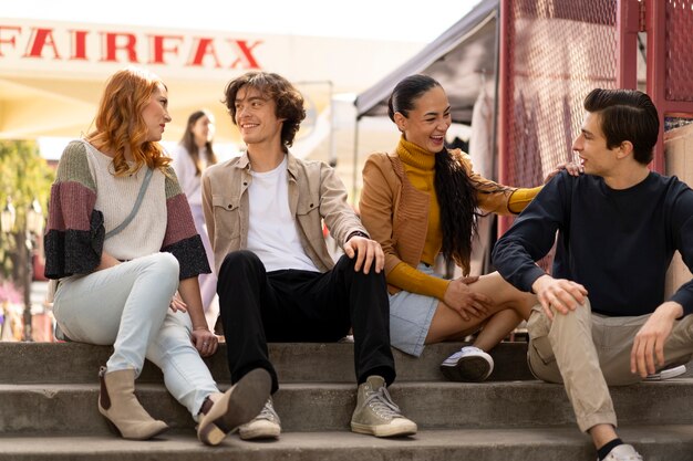 Full shot friends sitting on stairs