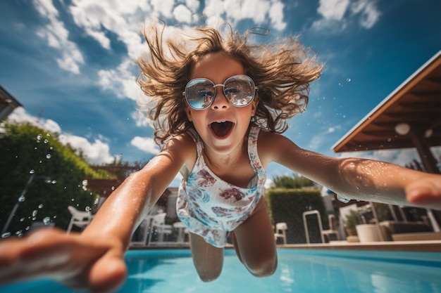 Free photo full shot girl having fun at the pool