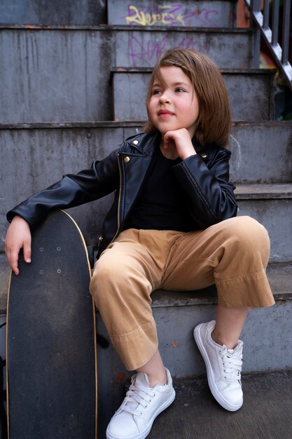 Full shot girl holding skateboard