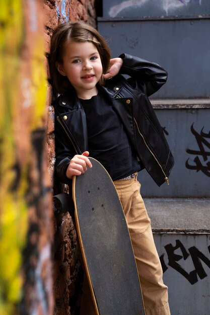 Free photo full shot girl holding skateboard