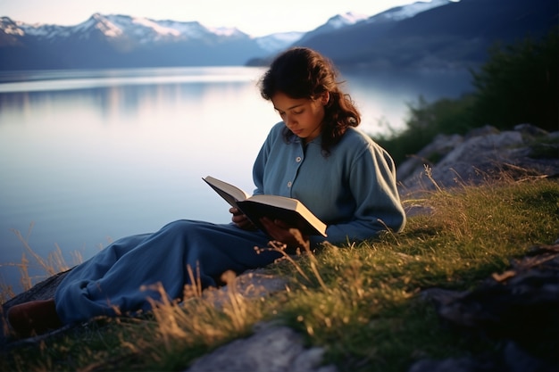 Полный снимок девушки, читающей на открытом воздухе