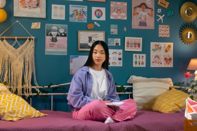 Full shot girl sitting in bed with notebook