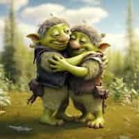 Free photo full shot goblins hugging fantasy world