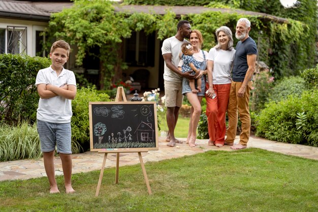 Full shot happy family and blackboard