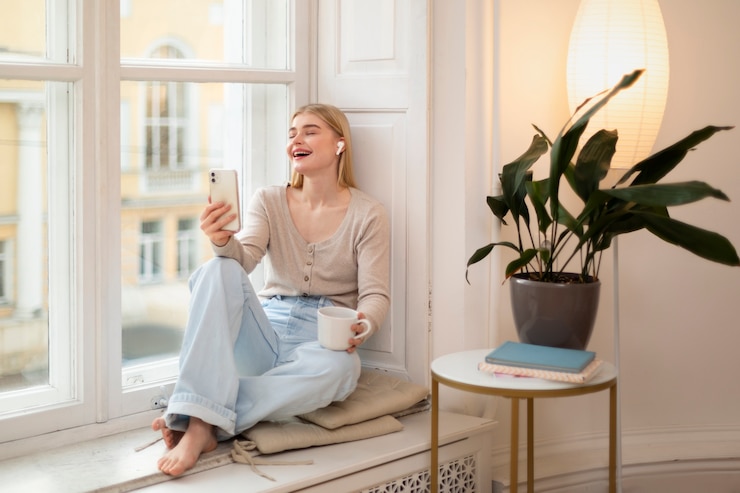 Free Photo full shot happy woman holding smartphone