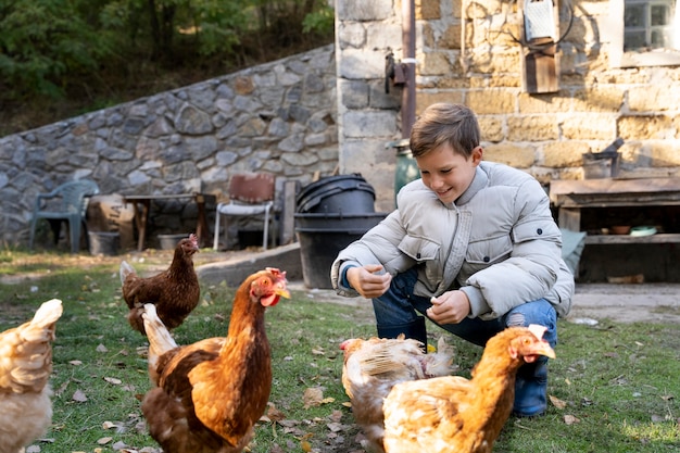 Full shot kid feeding birds