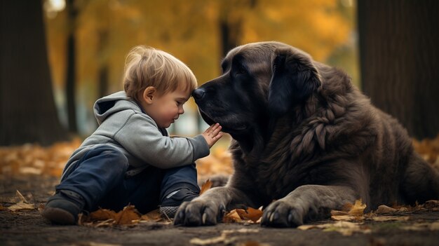 Полный снимок ребенка, играющего с собакой