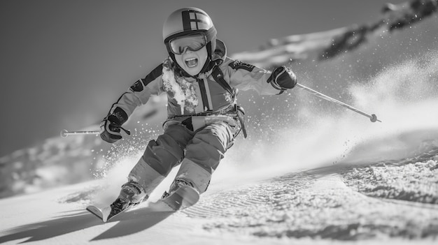 Full shot kid skiing monochrome