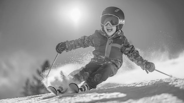 Free photo full shot kid skiing monochrome