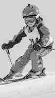 Free photo full shot kid skiing monochrome