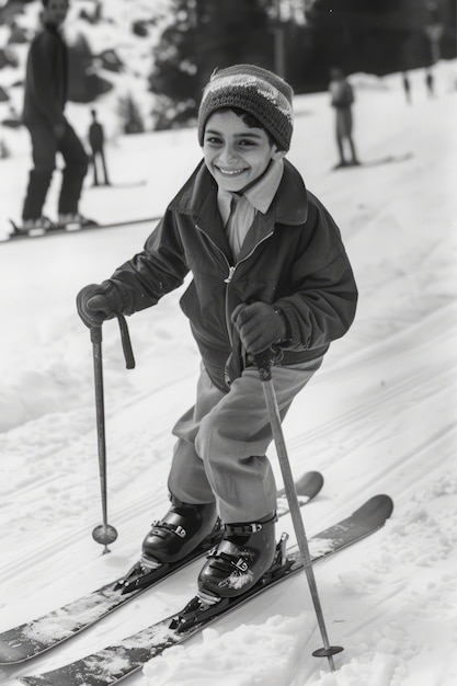 Free photo full shot kid skiing monochrome