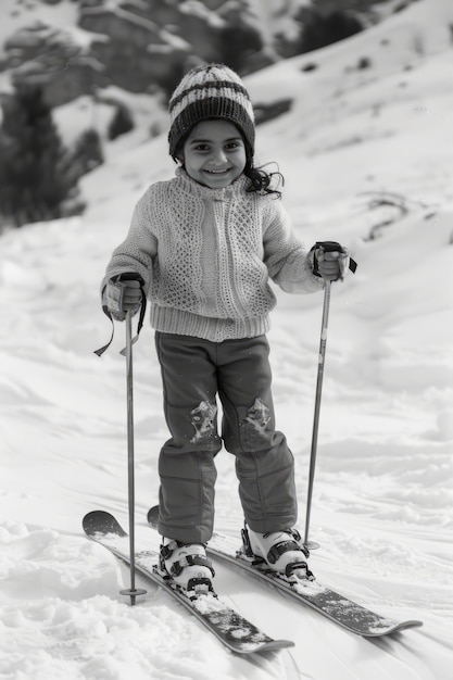 Foto gratuita piccolo ragazzo che scia monocromatico