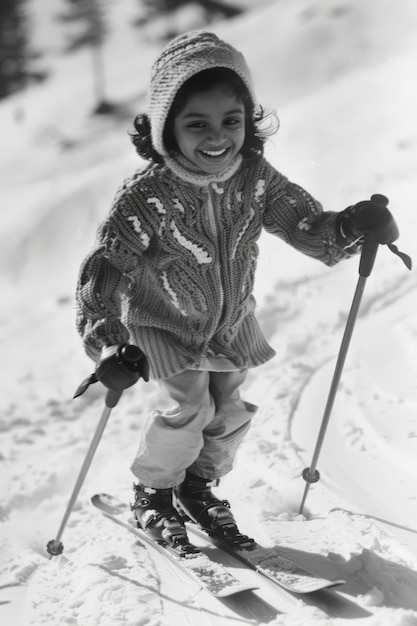 Free photo full shot kid skiing monochrome