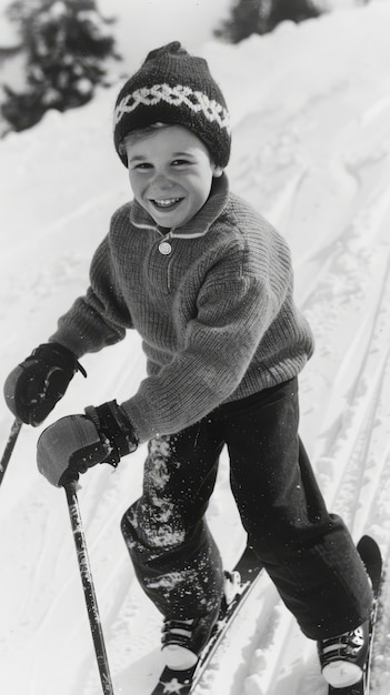 Free photo full shot kid skiing monochrome