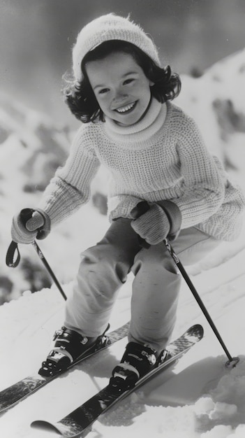 Free photo full shot kid skiing monochrome