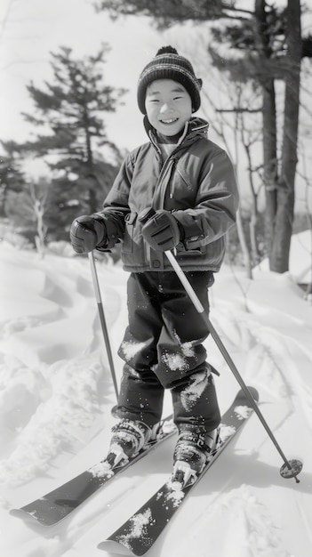 Free photo full shot kid skiing monochrome