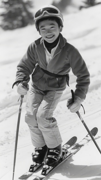 Full shot kid skiing monochrome