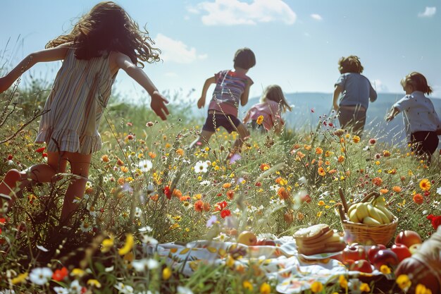 Free photo full shot kids enjoying a picnic day