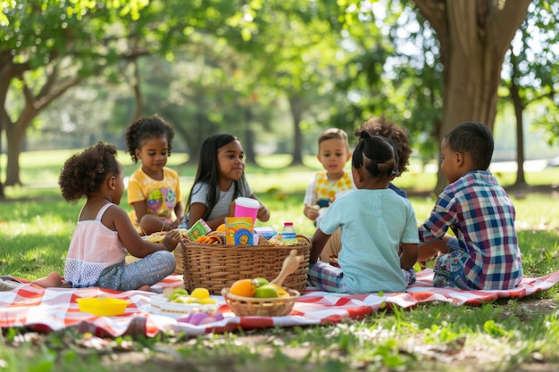 ピクニックの日を楽しんでいる子供たちの完全なショット