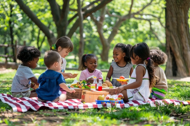 ピクニックの日を楽しんでいる子供たちの完全なショット