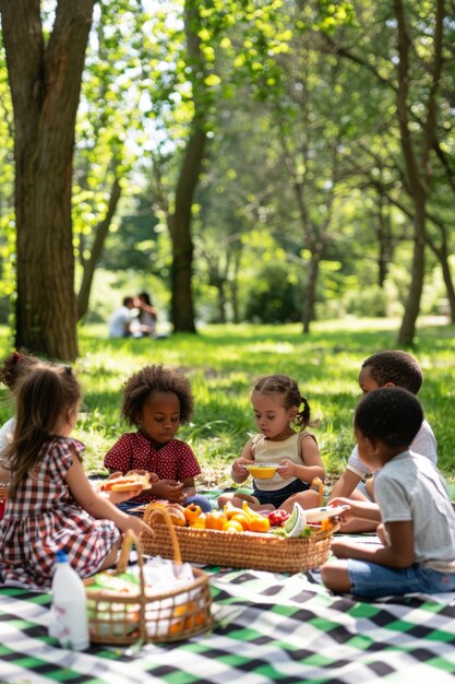 ピクニックの日を楽しんでいる子供たちの完全なショット