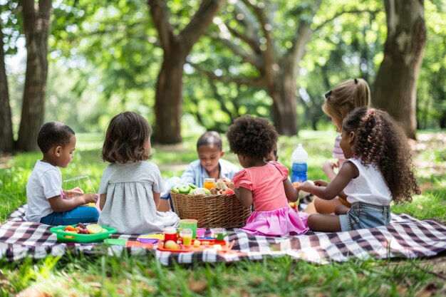 ピクニックの日を楽しんでいる子供たちの完全なショット