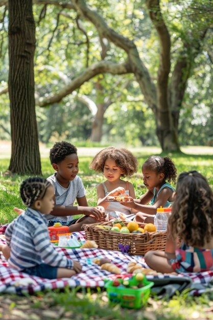 ピクニックの日を楽しんでいる子供たちの完全なショット