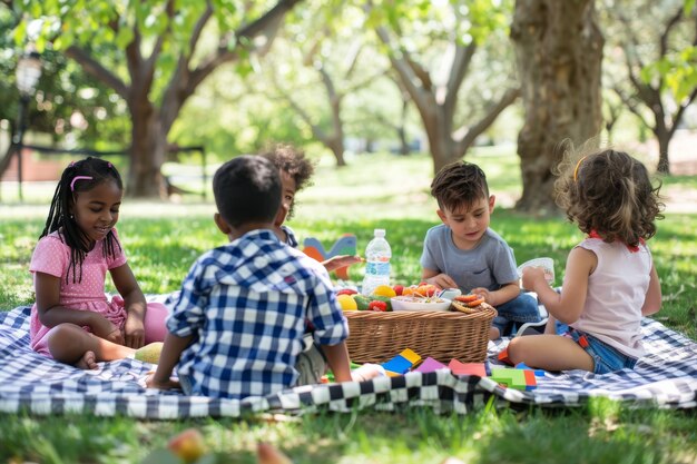 ピクニックの日を楽しんでいる子供たちの完全なショット