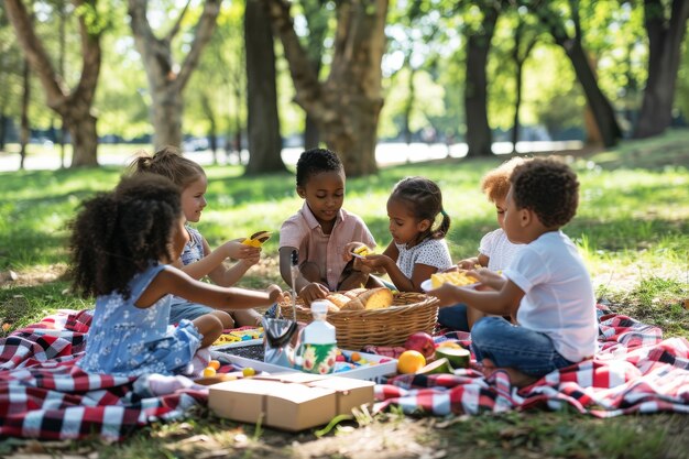 ピクニックの日を楽しんでいる子供たちの完全なショット