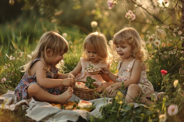Полный кадр детей, наслаждающихся днем пикника.
