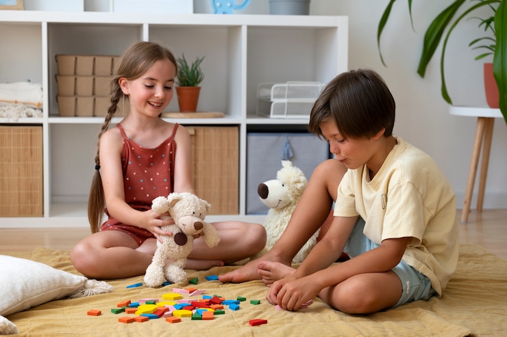 Free Photo full shot kids making puzzle indoors