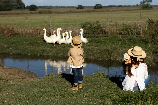 Full shot kids watching geese