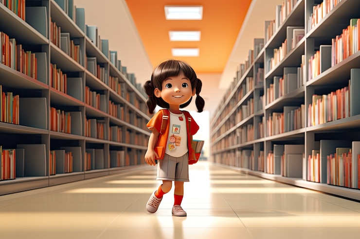 Free Photo full shot little girl in library