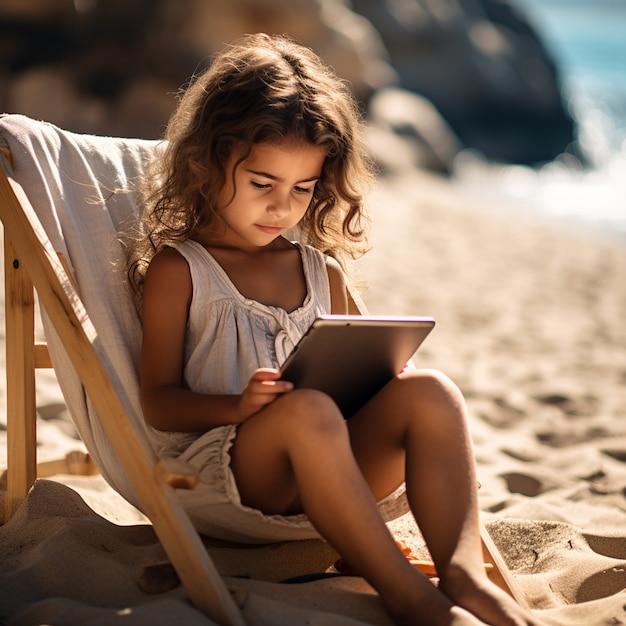 Full shot little kid with tablet